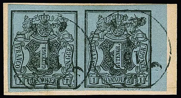 1 Ggr. noir/bleu-gris en paire du bord droit de feuille sur fragment de lettre de choix avec K2 "Celle", signé Engel, Freyse, ex 9e vente Stock 1925, Mi. 230,- +