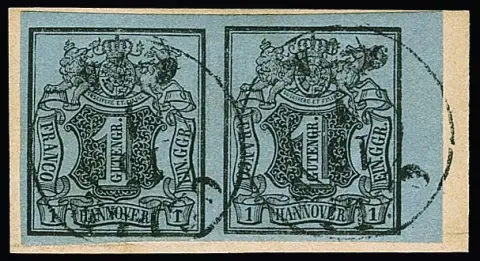 1 Ggr. zwart/grijsblauw in paar van rechter velrand op pronkbriefstuk met K2 "Celle", gesigneerd Engel, Freyse, ex 9e Stock-veiling 1925, Mi. 230,- +