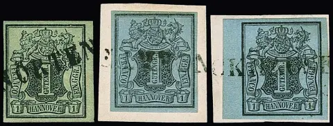 1 Ggr. zwart/grijsblauw, vier waarden (twee briefstukken, één fotocertificaat Berger), elk met L1, "Nörten" (briefstuk, idem op nr. 2a), "Soltau", "Pattensen" en "Stickhausen" (van rand)