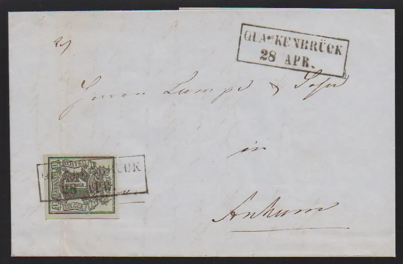 1 Ggr. schw./graugrün (Bug) auf Brief mit schwarzem Ra2 "Quackenbrück" vom 28.4.1851, wohl dem Letzttag der schwarzen Stempelfarbe