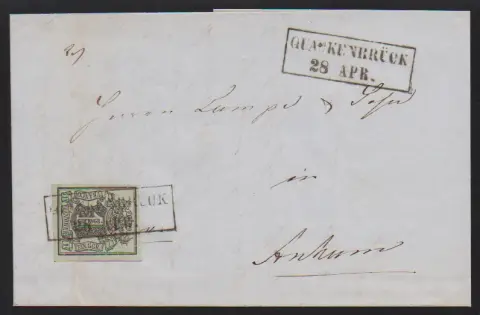 1 Ggr. zwart/grijsgroen (Bug) op brief met zwarte Ra2 "Quackenbrück" van 28.4.1851, waarschijnlijk de laatste dag van zwarte inkt
