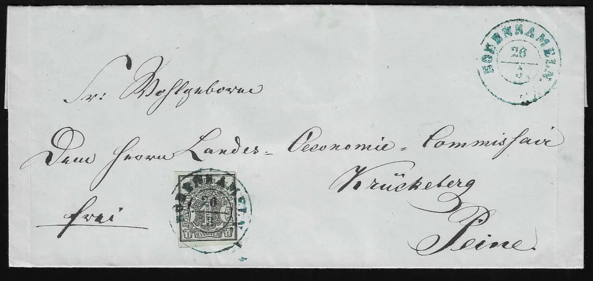 1 Ggr. noir/vert-gris sur lettre de choix fraîche avec K2 centr. "Hohenhameln"
