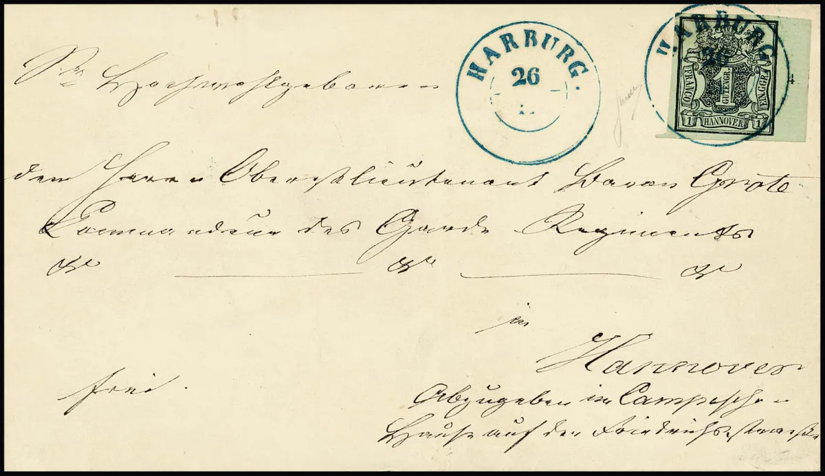 1 Ggr. black/grey-green from right sheet margin (row no. "4") on showpiece letter with centred K2 "Harburg", signed Friedl, ex Gibson