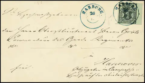 1 Ggr. zwart/grijsgroen van rechter velrand (rij nr. "4") op pronkbrief met gecentreerde K2 "Harburg", gesign. Friedl, ex Gibson