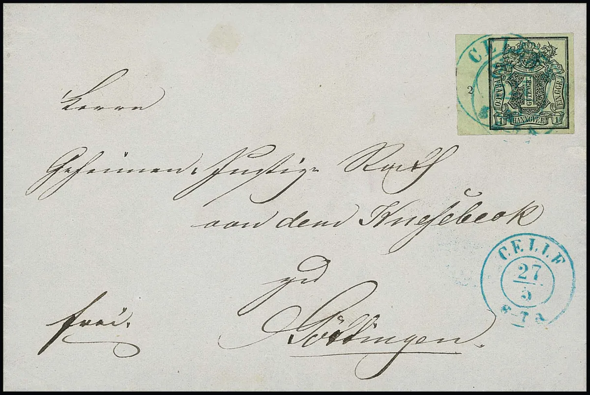 1 Ggr. light brown-green, two cabinet letters with sheet margins, row numbers "11" right and "2" left, stamp pre-cancelled K2 "Celle" then cancelled again on cover