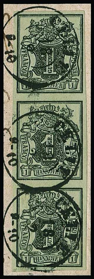 1 Ggr. light brown-green, vertical strip of three on cabinet letter fragment with black K2 "Celle", lower stamp with plate flaw in lower left corner