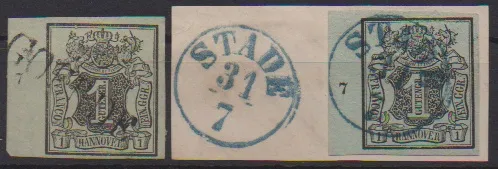 1 Ggr. noir/vert-gris (bon noir L1 "Goehrde"), et sur vert-mer (pièce de lettre de cabinet avec K1 "Stade"), chacun du bord gauche de feuille avec numéro de rangée "7" dans des positions différentes