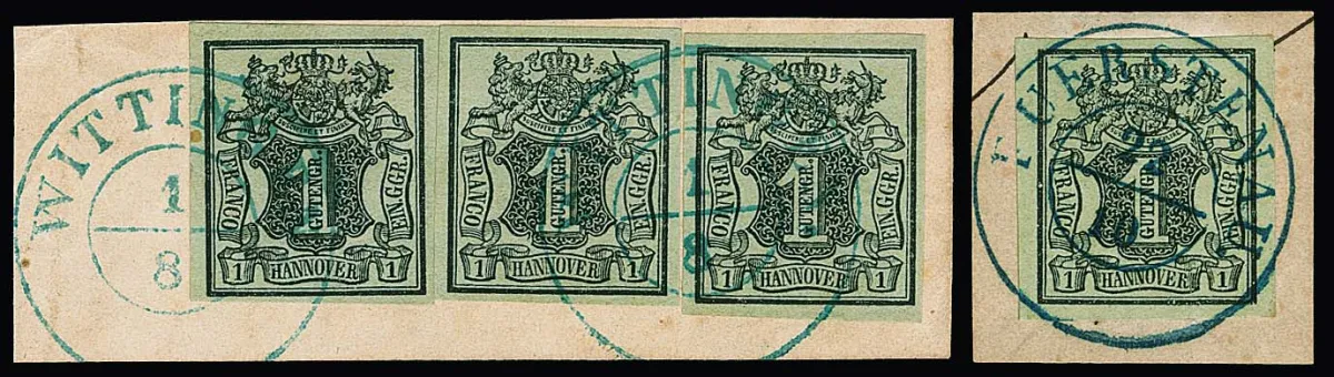 1 Ggr. schw./graugrün bzw. dreimal auf meergrün, 13 Marken jeweils auf Briefstücken sowie sechs lose Marken, dabei Luxusbriefstücke, schwarzer L1 "Elze" usw.
