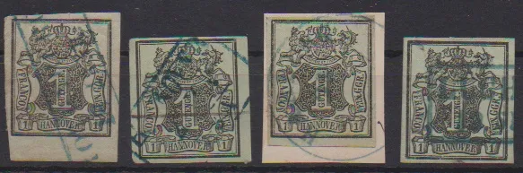 1 Ggr. black/grey-green, four values with small plate flaws, each precisely described
