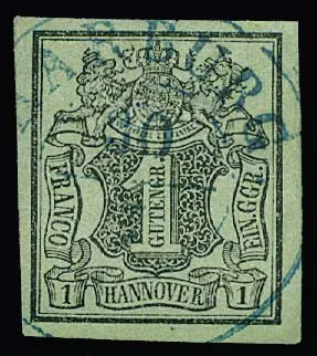 1 Ggr. noir/vert-gris, filigrane renversé, pièce de cabinet avec K1 "Harburg", photo-expertise Berger. Mi. 300,-