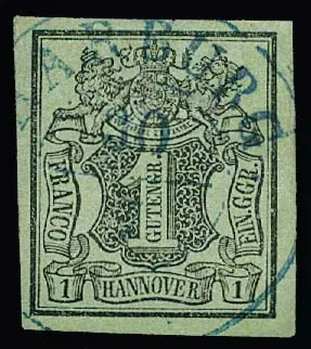 1 Ggr. noir/vert-gris, filigrane renversé, pièce de cabinet avec K1 "Harburg", photo-expertise Berger. Mi. 300,-