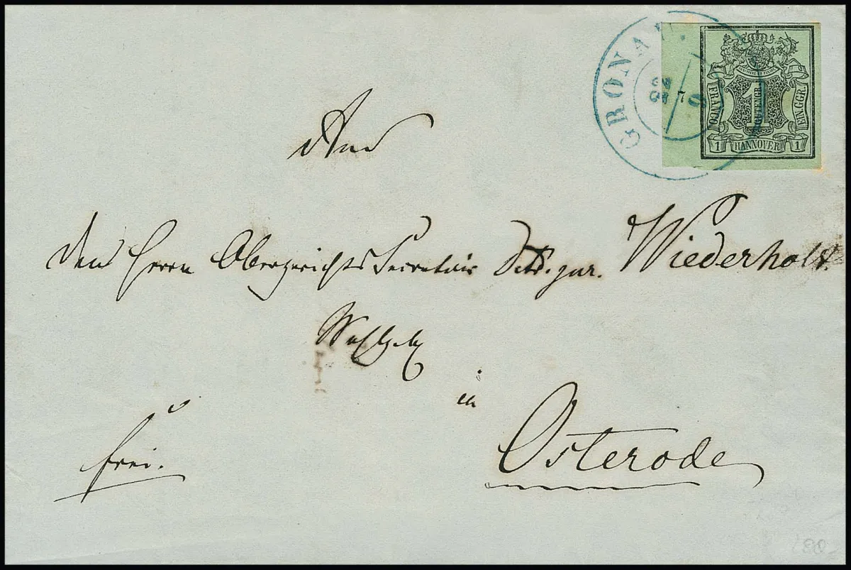 1 Ggr. black/sea-green from left sheet margin (row number "7") on cabinet letter from Gronau to Osterode, signed Krause