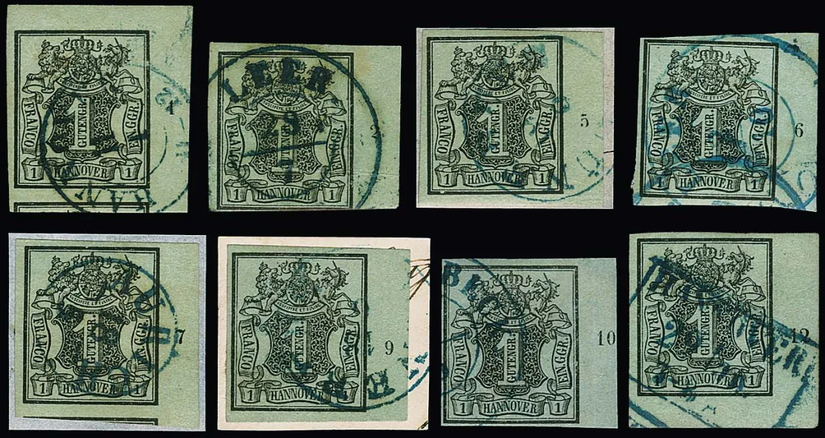 1 Ggr. brun-noir/vert mer, huit pièces de bord droit oblitérées avec numéros de rangée "1", "2" (en bas à gauche), "5", "6", "7", "9", "10" et "12" (grand coin inférieur droit de la feuille)