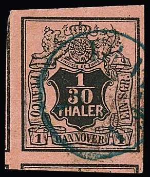 1/30 Th. schw./lachsfarben, überrandiges Kabinettstück (typisch "hannoverhell", kein Mangel) mit Teilen von drei Nebenmarken