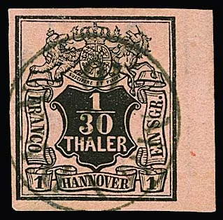 1/30 Th. dark/salmon, luxury piece from the right sheet margin with centred K1 "Münden", as well as wide-margined on cabinet letter piece with K1 "Hameln"