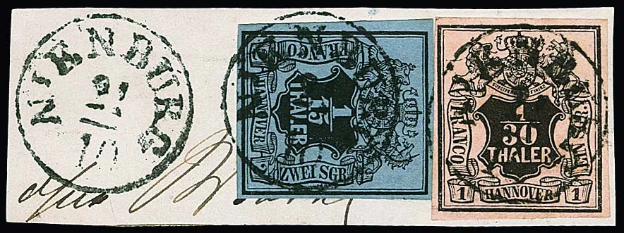 1/30 Th. schw./lachsfarben und 1/15 Th. schw./graublau auf Kabinettbriefstück mit schwarzem K1 "Nienburg", mit dieser Abstempelung eine seltene Kombination,…