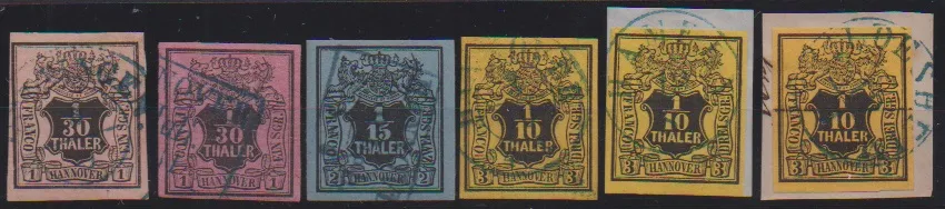 1/30 Th. (2) to 1/10 Th., complete Postal Union issue in unusually very fresh cabinet condition cancelled, but still with gum remnants on reverse, thus unwashed, plus two letter pieces 1/10 Th. in very different shades, each cabinet. Mi. 450,-