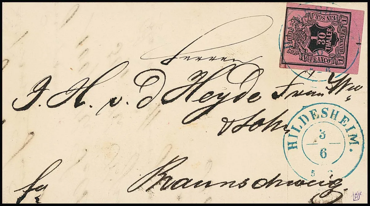 1/30 Th. brown/raspberry red from lower margin with row number "1" on beautiful small letter with K2 "Hildesheim"
