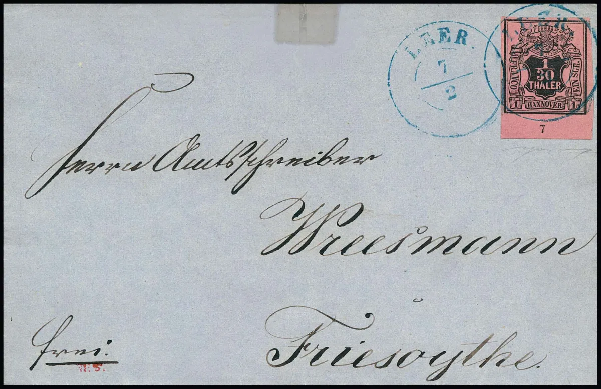 1/30 Th. brown/raspberry red, cabinet piece from lower sheet margin with row number "7" on folded letter (top center tape) from Leer, photo exp. Berger "flawless"
