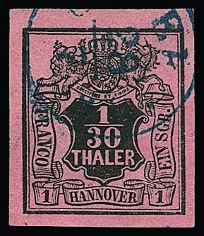 1/30 Th. black/raspberry red, rare inverted watermark, wide-margined cabinet piece with K1 "Osterode", the stamp still with partially present gum, Mi. 300,-