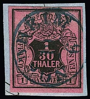 1/30 Th. schw./himbeerrot, kopfstehendes Wasserzeichen, auf Kabinettbriefstück mit K1 "Nordheim", Attest Berger. Mi. 300,-