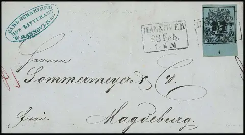 1/15 Th. zwart/grijsblauw met brede onderste velrand en rijnummer "4" op kabinetbrief met zwarte Ra3 "Hannover" 1852