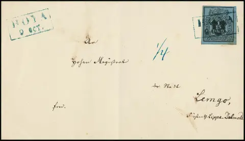 1/15 Th. zwart/grijsblauw, breedgerand kabinetstuk met blauwe Ra2 "Hoya" op brief naar Lemgo/Taxis, Mi. 250,-