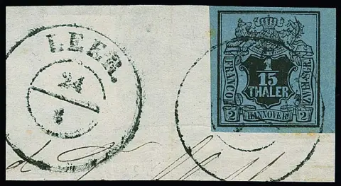 1/15 Th. zwart/grijsblauw van de rechter velrand op kabinetbriefstuk met zeldzame zwarte K2 "Leer"
