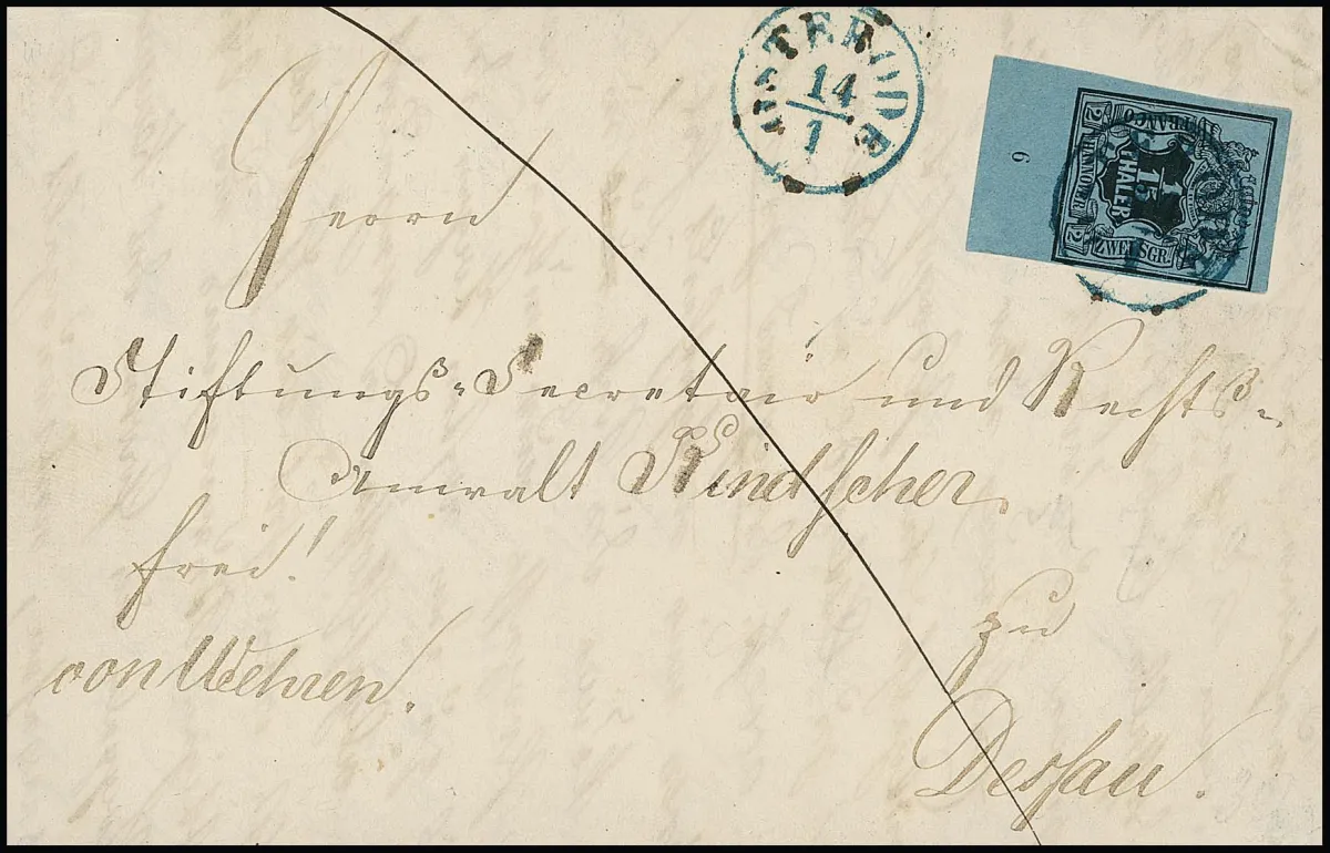 1/15 Th. black/grey-blue, each magnificent sheet margin piece, no. "2" at top and "6" at bottom, on two letters (one with reverse without side flaps) with K1 "Osterode"