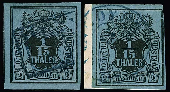 1/15 Th. black/grey-blue, plate flaws "mutilated R" and "plate break at bottom" (very prominent, top right minimal margin line cut) each used Mi. 700,-