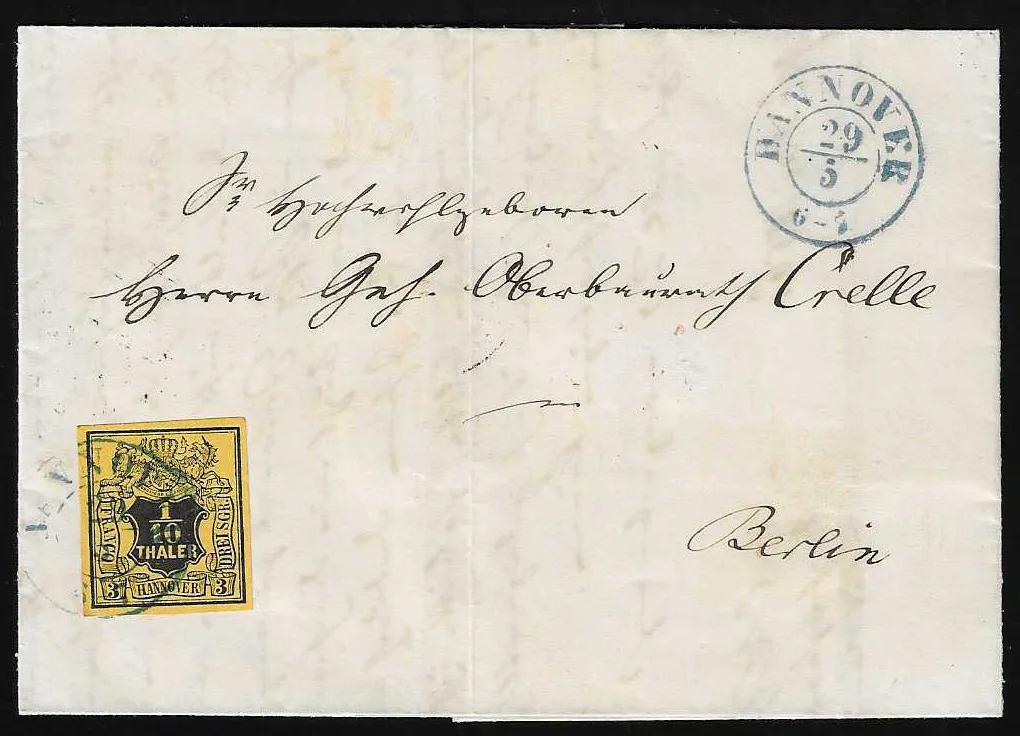 1/10 Th. black/dark yellow on cabinet letter with K2 "Celle" to Berlin, there curiously on reverse by means of red chalk "1" Sgr. order fee indicated