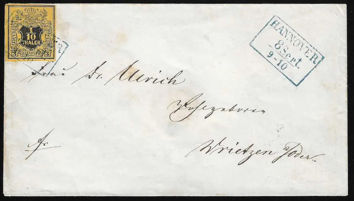 1/10 Th. schw./dunkelgelb, tiefe Farbe, auf Prachtcouvert mit Ra3 "Hannover" nach Wrietzen, rs. seltener roter Briefkasten-K1 "BK2"