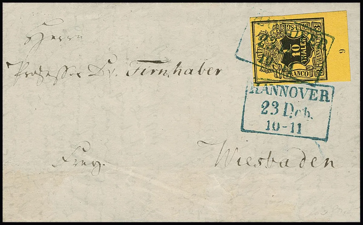 1/10 Th. noir/jaune, pièce de cabinet avec bord inférieur et numéro de rangée "9" sur lettre (sans rabats latéraux au verso, sans importance) de Hanovre à Wiesbaden, expertise photo Berger