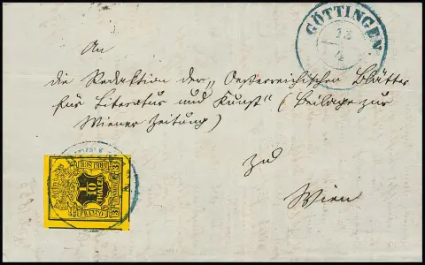 1/10 Th. noir/jaune, marges excédentaires (trois timbres voisins), sur lettre de cabinet de Göttingen à Vienne