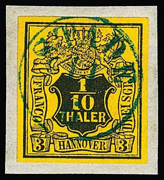 1/10 Th. noir/jaune, deux pièces de lettre de cabinet/luxe avec petits K1 centrés "Stade" et "Aurich"