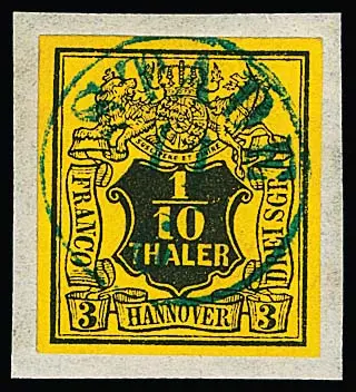1/10 Th. noir/jaune, deux pièces de lettre de cabinet/luxe avec petits K1 centrés "Stade" et "Aurich"