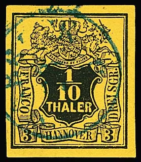 1/10 Th. zwart/geel, duidelijk zichtbare plaatfout "ontbrekende hoef van de eenhoorn", breedgerande kabinetstuk met K1 van Bremen, Mi. 240,-