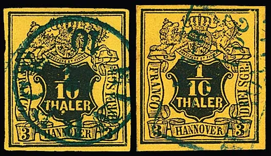 1/10 Th. noir/jaune, défauts de plaque "point dans le R de HANNOVER" et "tache blanche sous le A", chaque pièce de cabinet oblitérée, une fois photoexp. Berger. Mi. 360,-