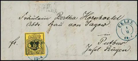 1/10 Th. noir/jaune, pièce de cabinet avec défaut de plaque "F au lieu de T dans THALER" sur lettre (petite tache marginale en haut) avec K2 "Celle", photoexp. Berger. Mi. 380,-
