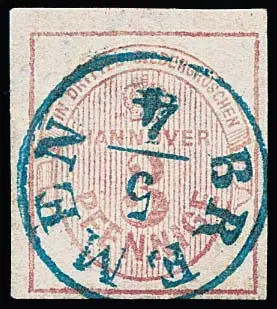 3 Pfge. rose, pièce de cabinet avec K1 centré "Bremen", photo expert. Berger, signé Ferchenbauer. Mi. 450,-