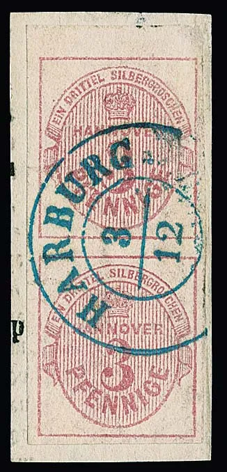 3 Pfge. roze, goed gerande bovenrandpaar (één waarde met min. splijting) op decoratief stuk met gecentreerde K2 "Harburg". Mi. 1000,-