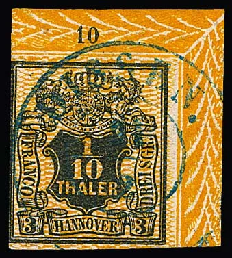 1/10 Th. noir/orange foncé, coin de feuille rare avec bordure supérieure droite et numéro de rangée "10", K2 centré "Diessen", à gauche légère coupe de ligne de bord