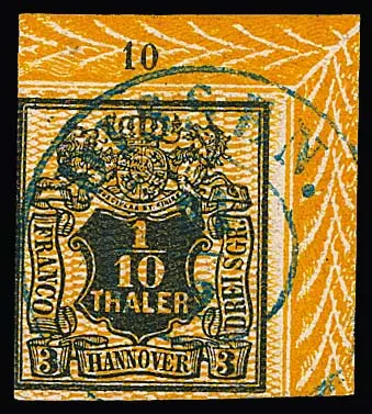 1/10 Th. noir/orange foncé, coin de feuille rare avec bordure supérieure droite et numéro de rangée "10", K2 centré "Diessen", à gauche légère coupe de ligne de bord
