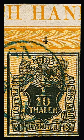 1/10 Th. zwart/oranje, rechts licht geraakt, met volledige bovenste velrand (rij nr. "4") en zeldzame randinscriptie "H HANN", gesigneerd Berger, Starauschek