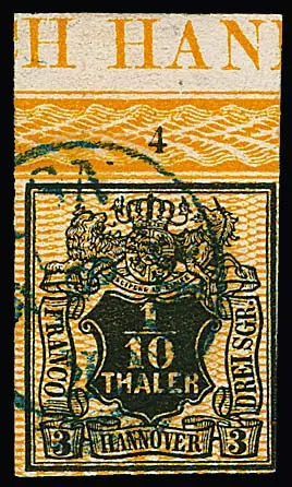 1/10 Th. noir/orange, à droite légèrement touché, avec bord de feuille supérieur complet (n° de rangée "4") et inscription marginale rare "H HANN", signé Berger, Starauschek