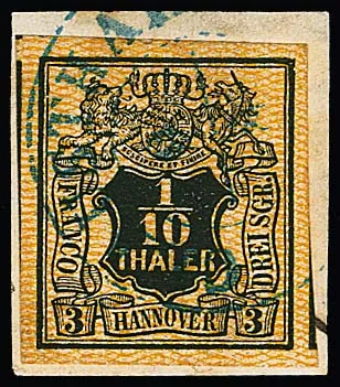 1/10 Th. hnědo-oranžová, pro tuto obtížnou známku neobvykle velké okraje, tři strany se sousedními známkami, na kabinetním ústřižku dopisu s K2 z Clausthalu, signováno Pfenninger