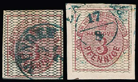 1/10 Th. brun-orange, ainsi que 3 Pfge. carmin, noir et gris quadrillé, trois fraîches pièces de choix oblitérées, toutes encore non lavées avec des parties de la gomme originale ou une fois sur fragment de lettre. Mi. 1000,-