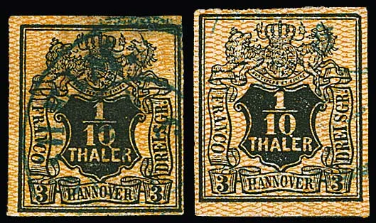 1/10 Th. hnědo-oranžová, dvě hodnoty (jedna s gumou), obě se stejnou deskou vadou (která je např. také u nás registrována na pruhu tří), "0 z 10 jako Q a pravý horní roh zkosený"