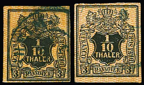 1/10 Th. brun-orange, deux valeurs (une fois avec gomme), toutes deux avec la même erreur de plaque (qui est par exemple aussi enregistrée chez nous sur une bande de trois), "0 sur 10 comme Q et coin supérieur droit biseauté"