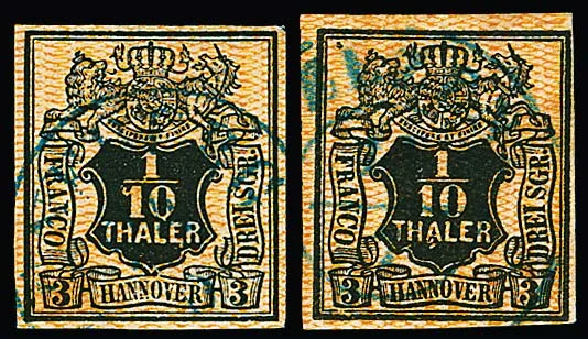 1/10 Th. bruin-oranje, plaatfout "witte vlek onder A" onberispelijk, en op geel met plaatfout "1 met haakje" (klein licht aan de rand) elk gestempeld, zeldzame plaatfouten! Mi. 1000,-